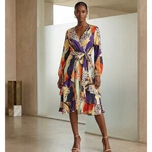 Boho Animal/Color Splashed Puff Sleeve Belted Mini Dress Size XXL